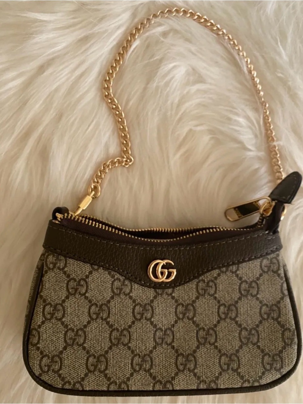 Gucci GG Canvas Mini Bag in Beige and Brown with Gold Chain